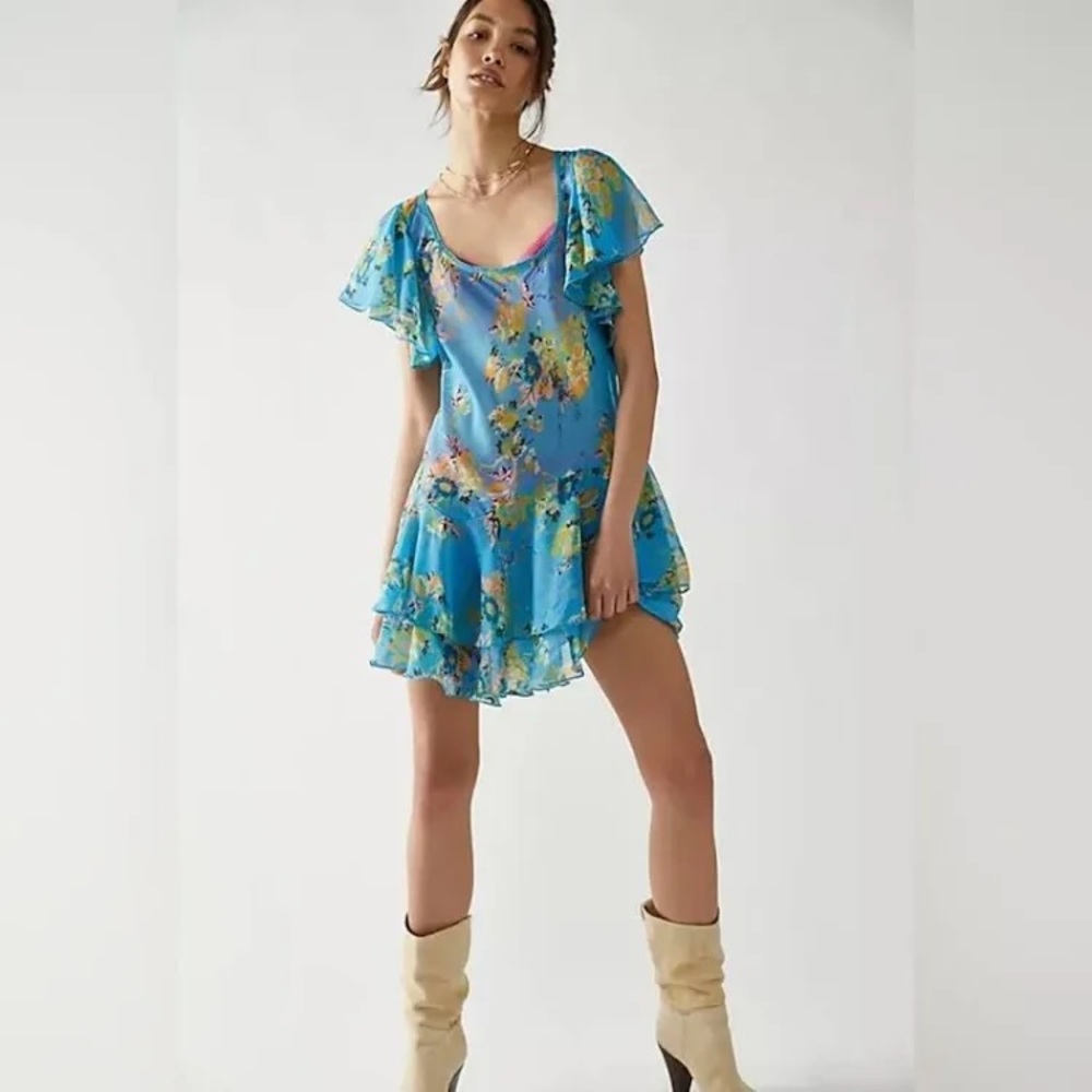 Free People Love To Love Blue Floral Ruffle Dress- Size Small
